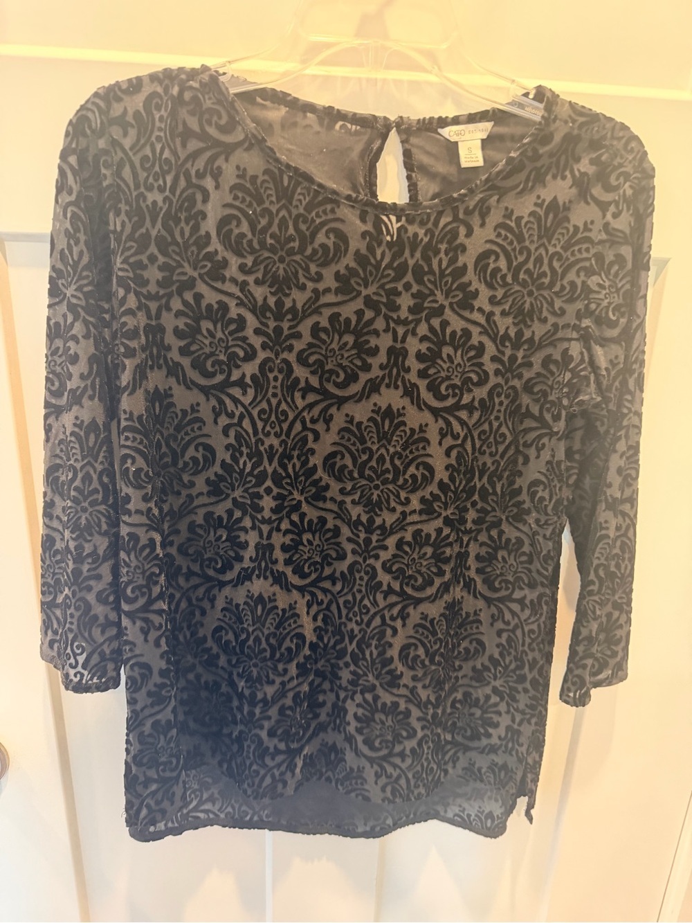 Cato Black Velvet Burnout Damask Sheer Blouse Small